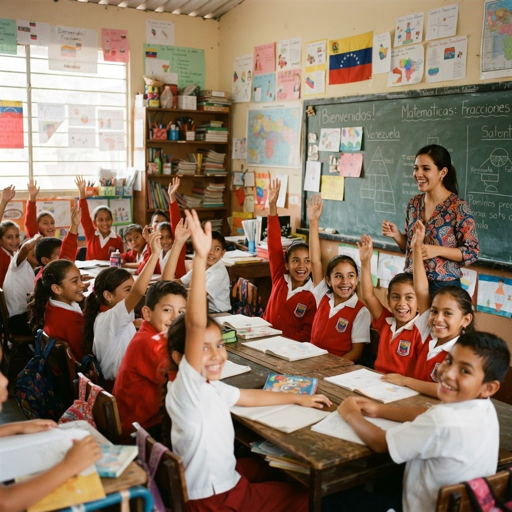 Niños en un aula levantando la mano con entusiasmo