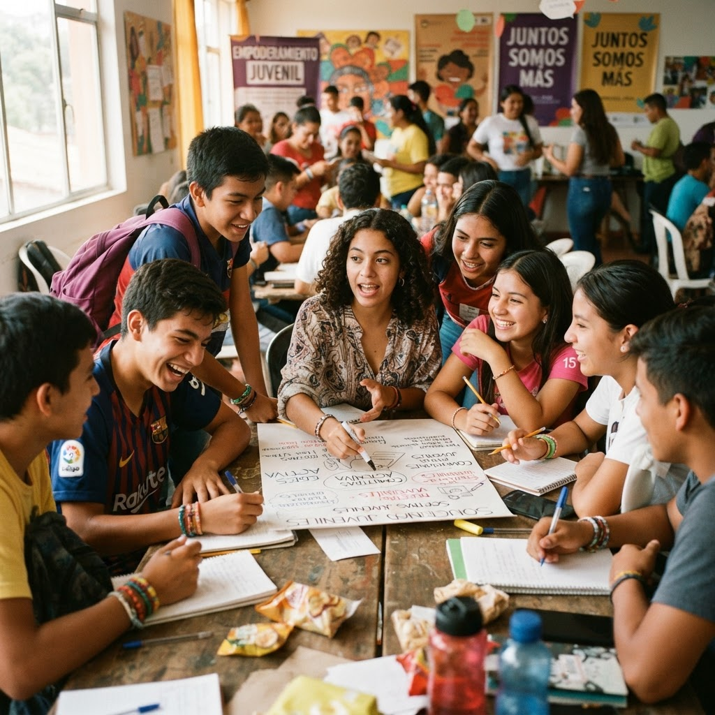 Adolescentes colaborando en un taller juvenil